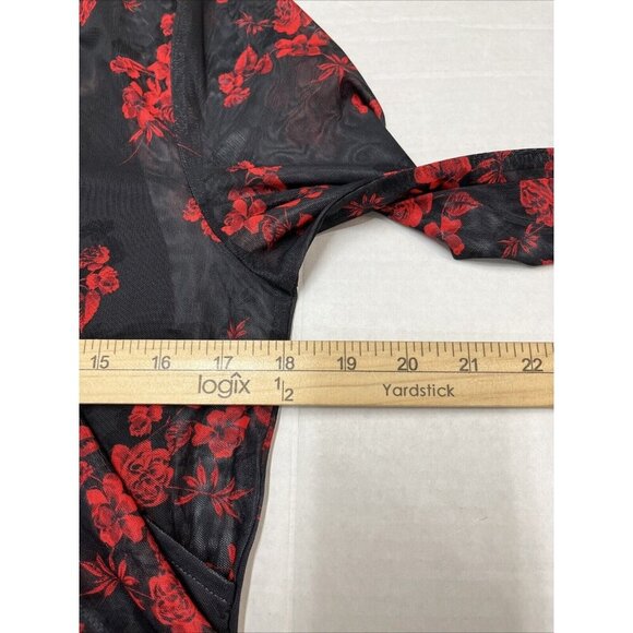 Tahari Bodysuit Women XL‎ Black Red Mesh Floral Roses Surplice Witchy Whisigoth - Picture 9 of 10